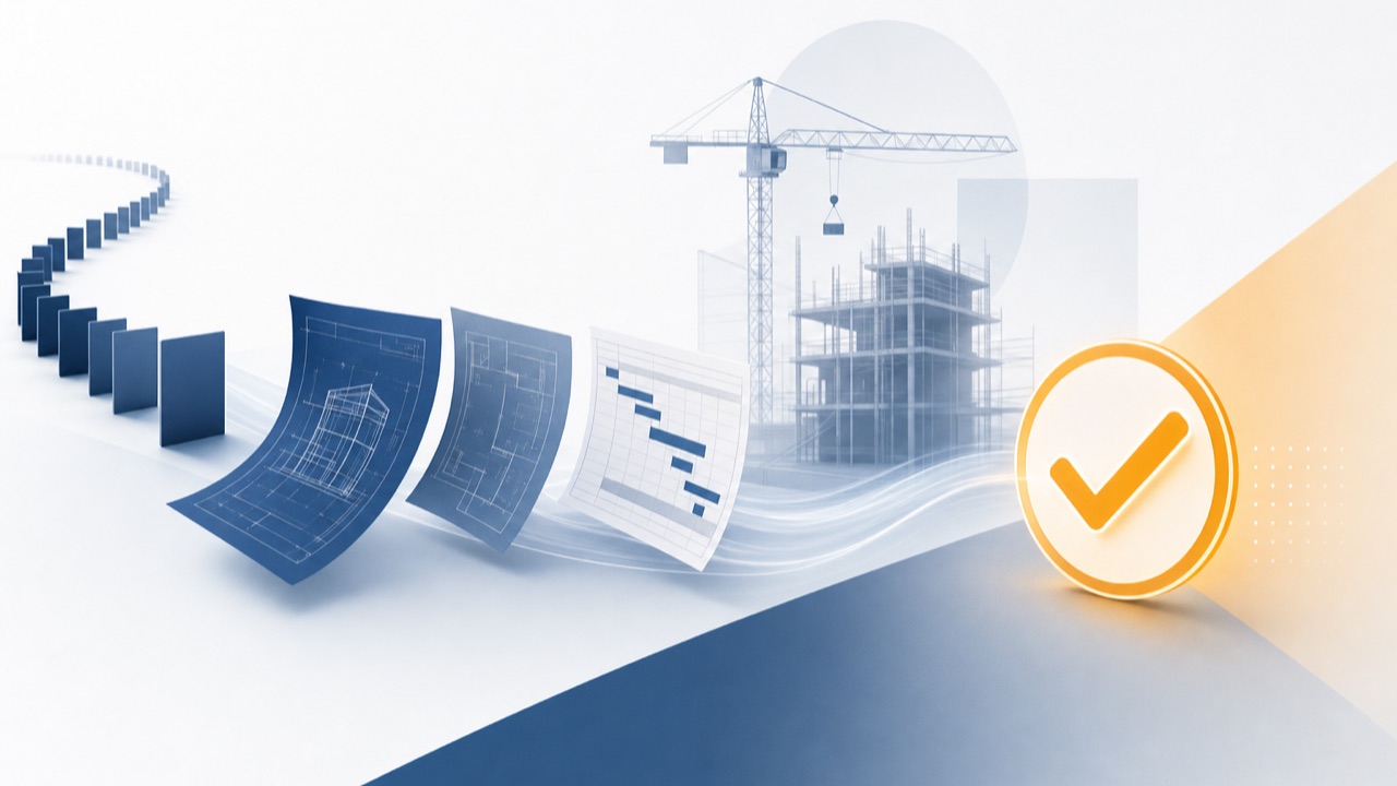 Construction blueprints and a draw schedule flowing past a crane into an approved amber checkmark
