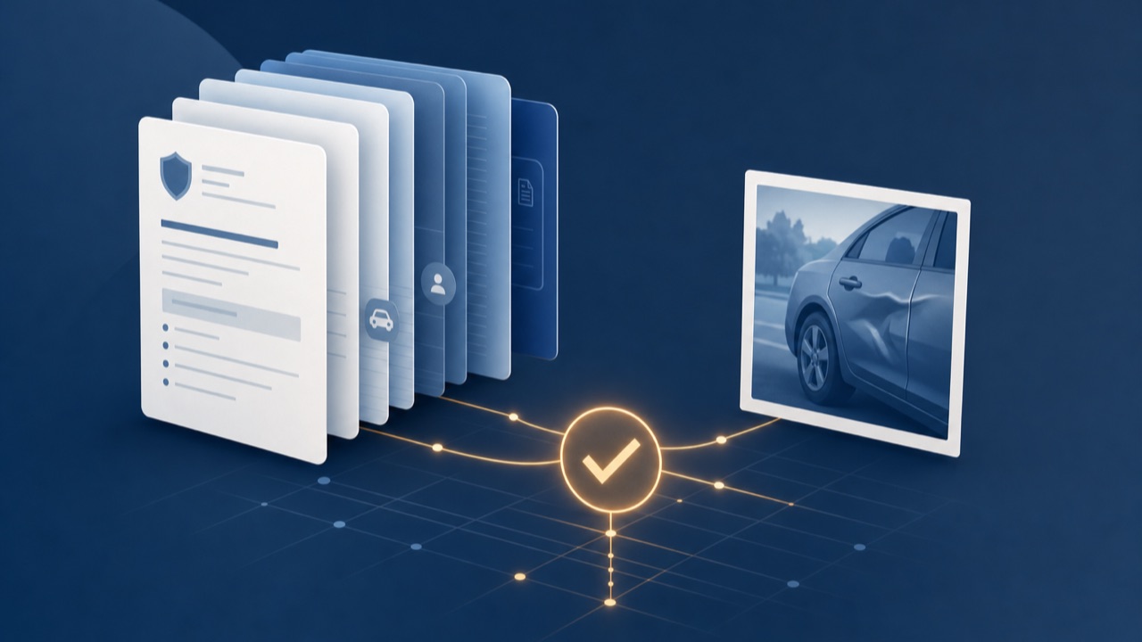 Insurance claim documents and a photo linked by amber trails to a verified-decision checkmark