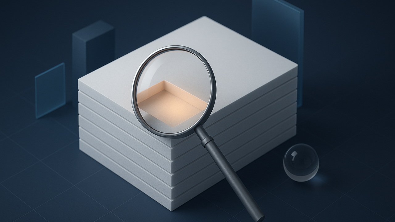 A vacant slot in a stack of frost-white documents under a magnifying glass, with an amber glow where a withdrawn letter should sit.