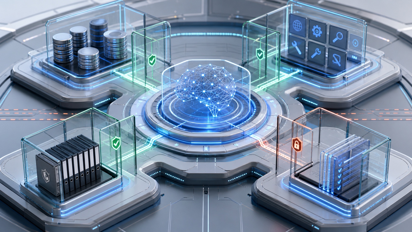 Diagram of an AI agent surrounded by policy, tools, data, and audit controls