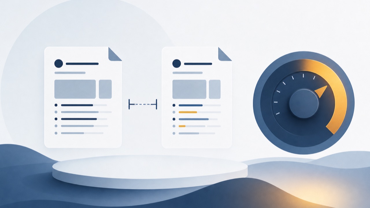 Two near-identical documents with a small measured difference and an autonomy dial turning to amber