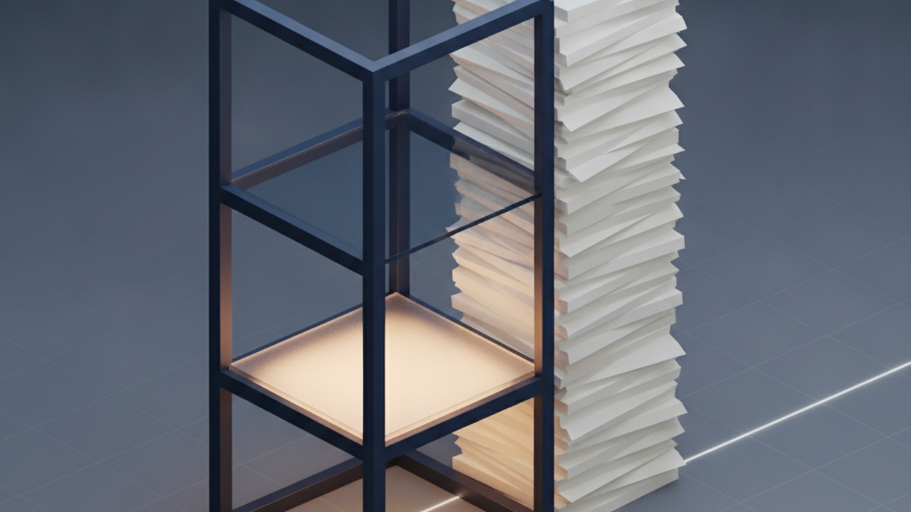 A half-built navy frame beside a stack of frost-white documents, with one floor glowing amber where they meet.