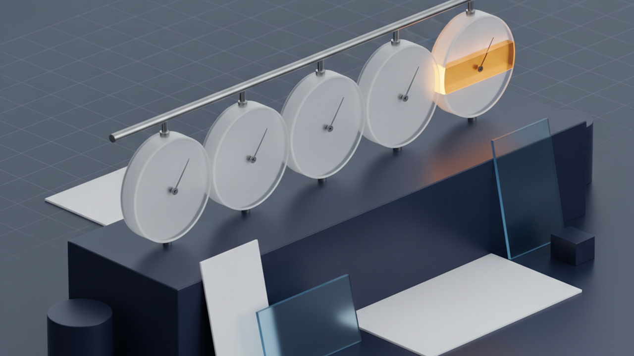 A row of blank glass gauges on a navy plinth, one needle crossed into an amber band.