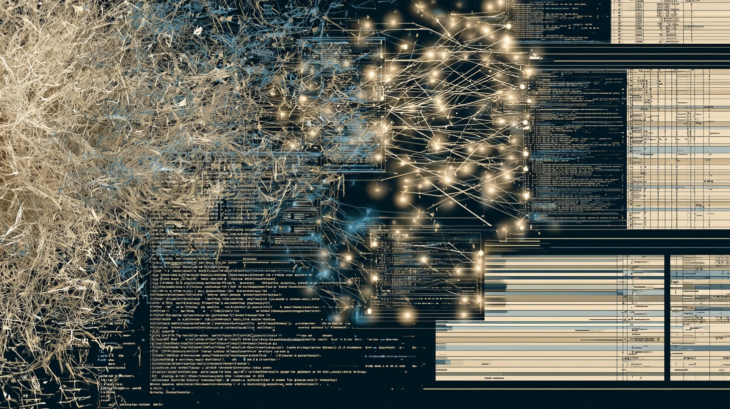 Abstract data graph showing noisy input tokens transformed into structured prompt evidence and validated outputs