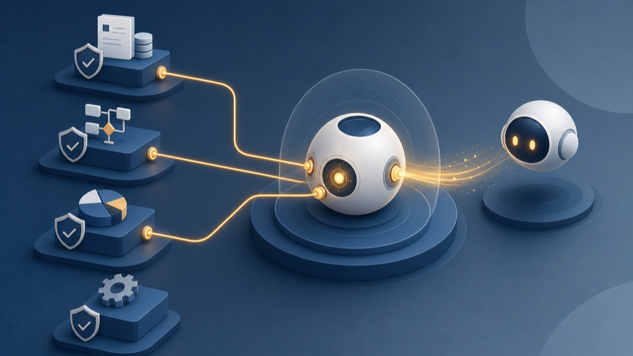 Shielded workflow blocks plugging via amber connector ports into a central agent hub